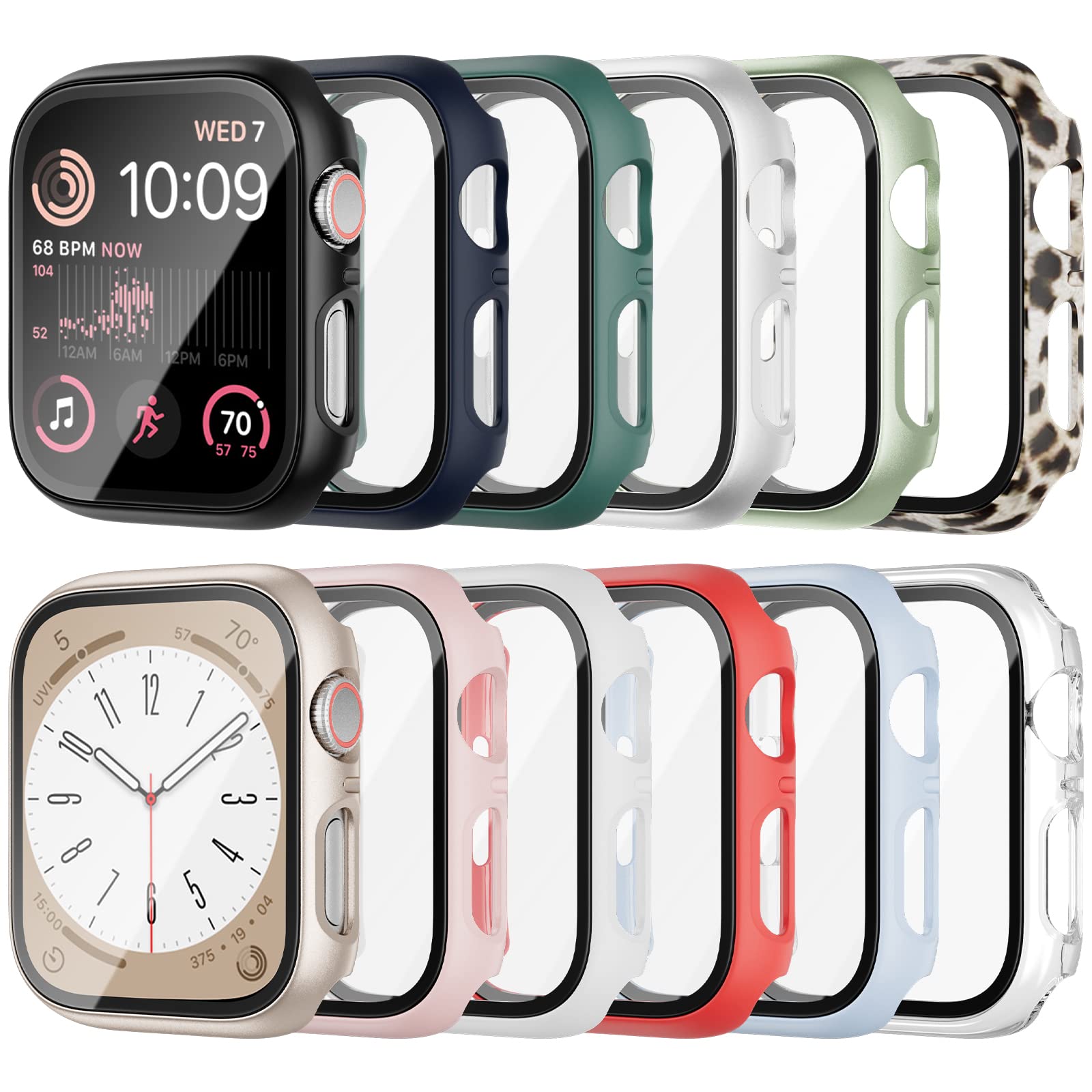 Cuteey 12 Pack Case for Apple Watch Series 9 8 7 45mm Tempered Glass Screen Protector, All Round Full Hard PC Leopard Pattern Cover Bumper for iWatch 9 8 7 Accessories