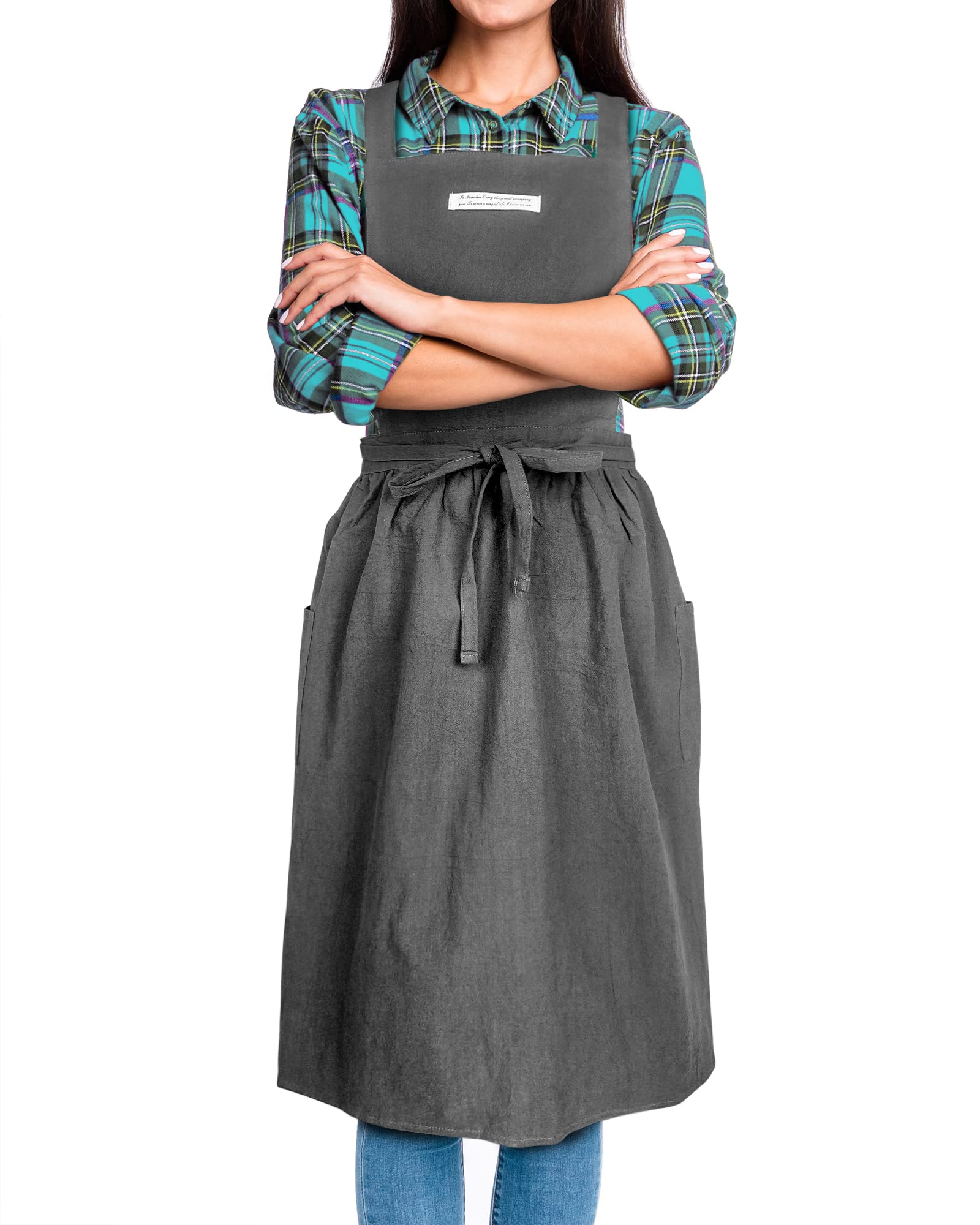 SPDYCESS Cotton Linen Apron, Japanese Style Pinafore with Pockets, Casual Bib for Cooking, Gardening, Coffee Shop, One Size, Black