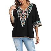 YZXDORWJ Women's V Neck Embroidered Mexican Peasant Blouse