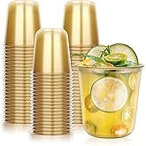 KesaPlan 50 Pcs Gold Plastic Cups, 12oz Disposable Stemless Wine Glasses for Cocktail Cute Clear Cocktail Wine Glasses Gold Party Cups for Meeting Wedding Graduation Holiday Party