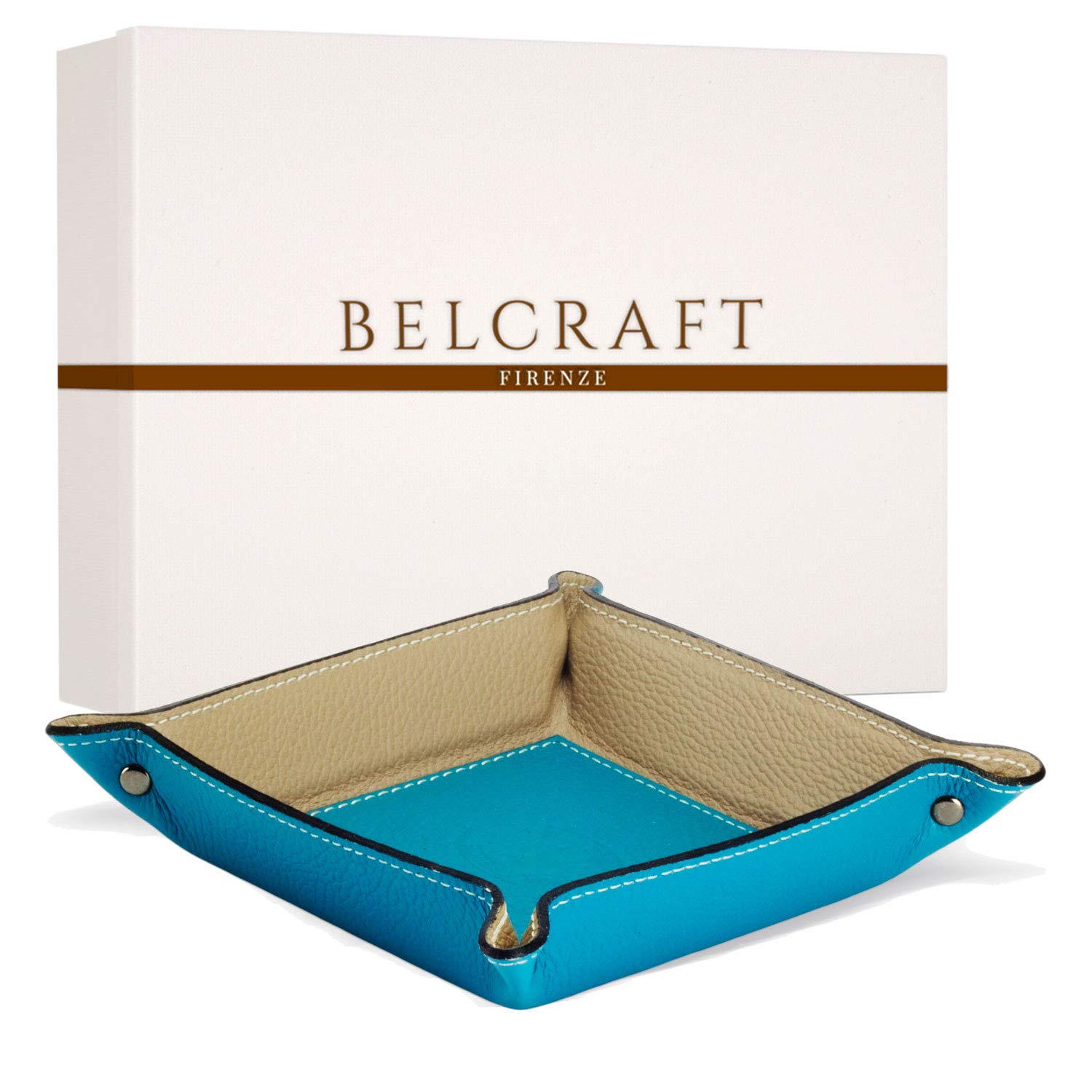 BELCRAFT Luni Medium Leather Tidy Tray, Handmade Classic Italian Style, Key Wallet, Coin Box, Aqua (19x19 cm)