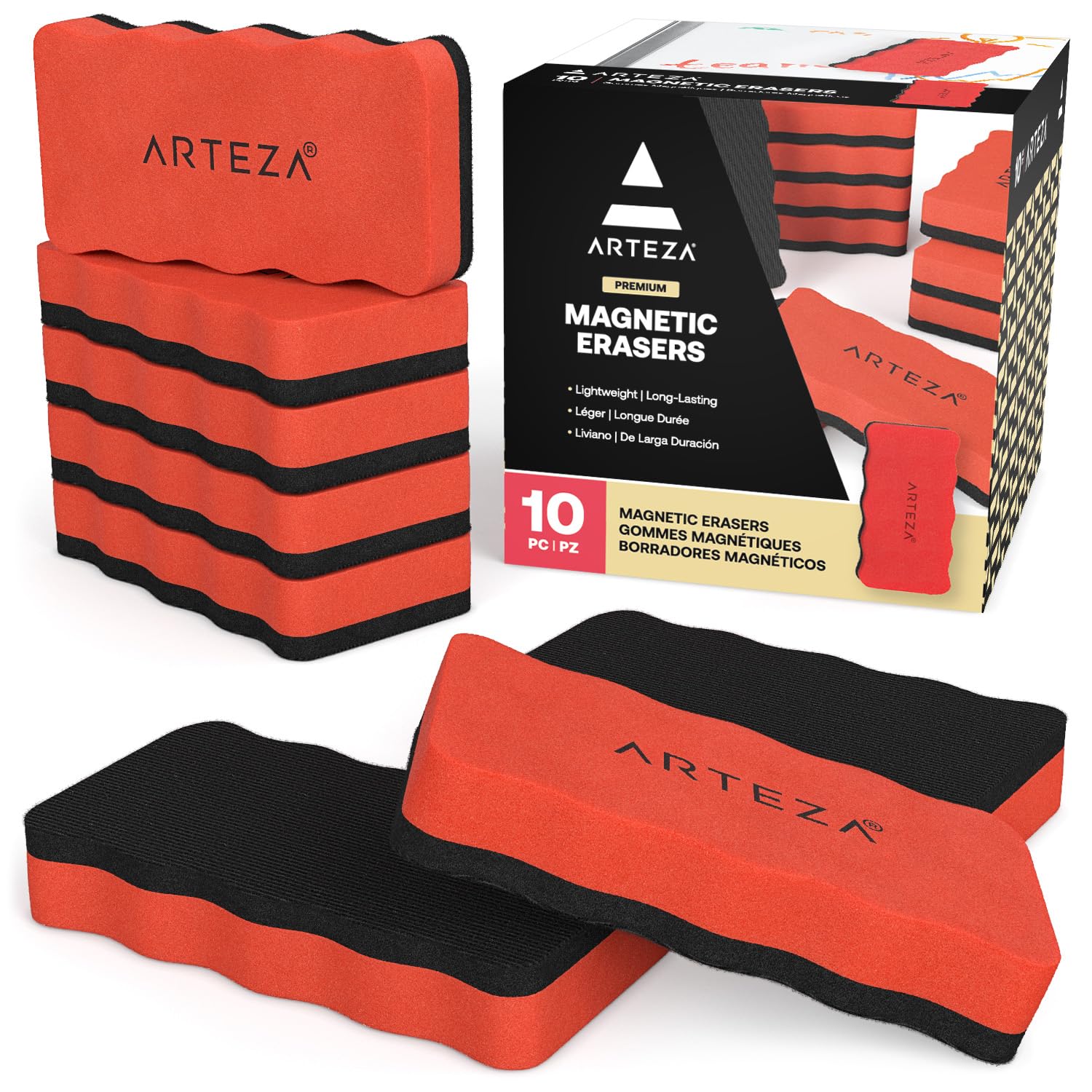 Arteza Magnetic Dry-Erase Board Foam Erasers, Set of 10, Ergonomic Shape with Thick Felt Pad for Whiteboards, Lapboards, and Glass Boards