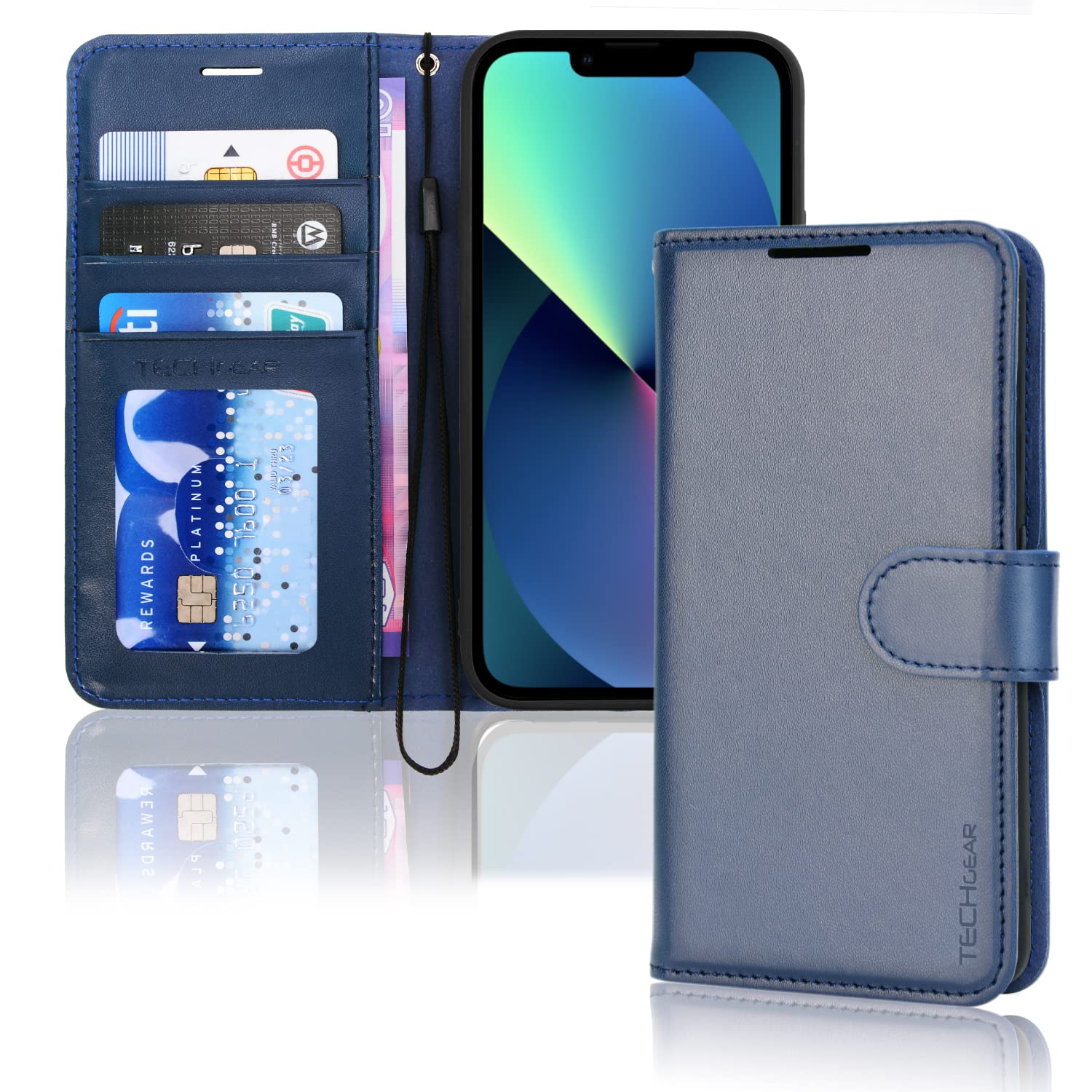 TECHGEAR iPhone 14 Plus Leather Wallet Case, Flip Protective Case Cover with Wallet Card Holder, Stand and Wrist Strap - Blue PU Leather with Magnetic Closure Designed for iPhone 14 Plus 6.7" — image 1