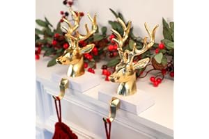 DOYOLLA Christmas Stocking Holders for Mantle 3D Reindeer Stocking Hangers Hooks Mantel Garland Clips Metal Grips for Xmas Fireplace Decorations (Set of 2, Gold)