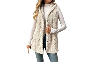 Womens Sherpa Long Vest Fleece Open Front Cardigan Sweater Sleeveless Button Hooded Jackets Warm Waistcoat Outerwear