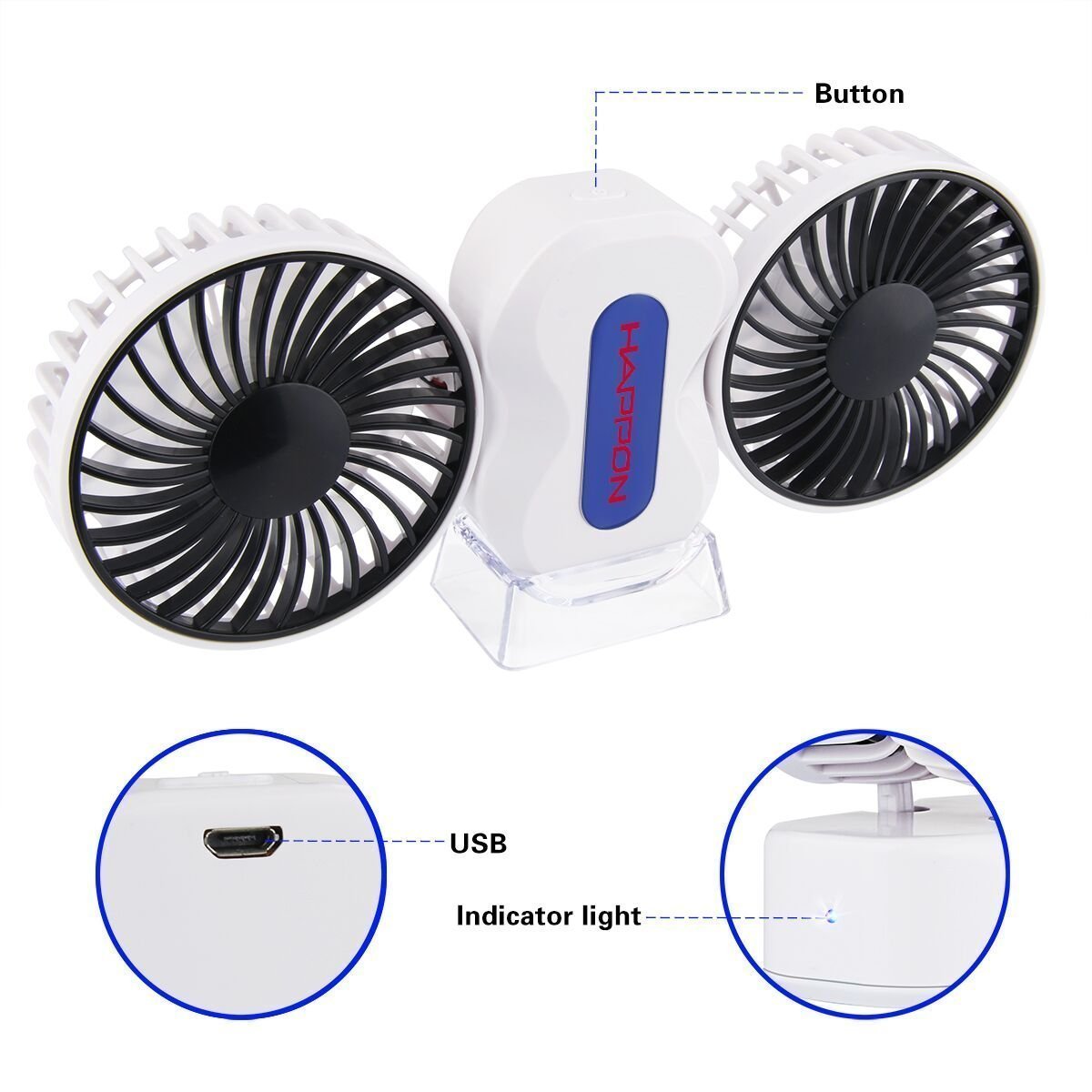 DinoPure Quiet Couples Mini Fan Portable Dual Head USB Rechargeable Foldable 180 Degree Rotation Desktop 3 Adjustable Speed Small Fan with LED Light (white)