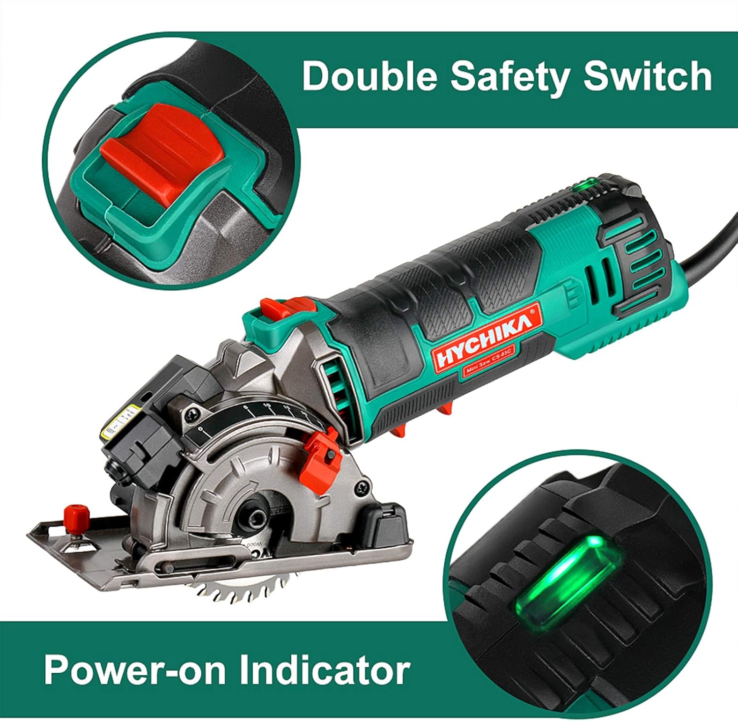 Mini Circular Saw, HYCHIKA Compact Circular Saw Tile Saw with 3 Saw Blades 4A Pure Copper Motor, 3-3/8”4500RPM Ideal for Wood, Soft Metal, Tile and Plastic Cuts, Laser Guide, Scale Ruler - - 