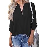 INFITTY Chiffon Blouses for Women 3/4 Length Sleeve Top Trendy V Neck Blouses Dressy Cute Casual Shirts