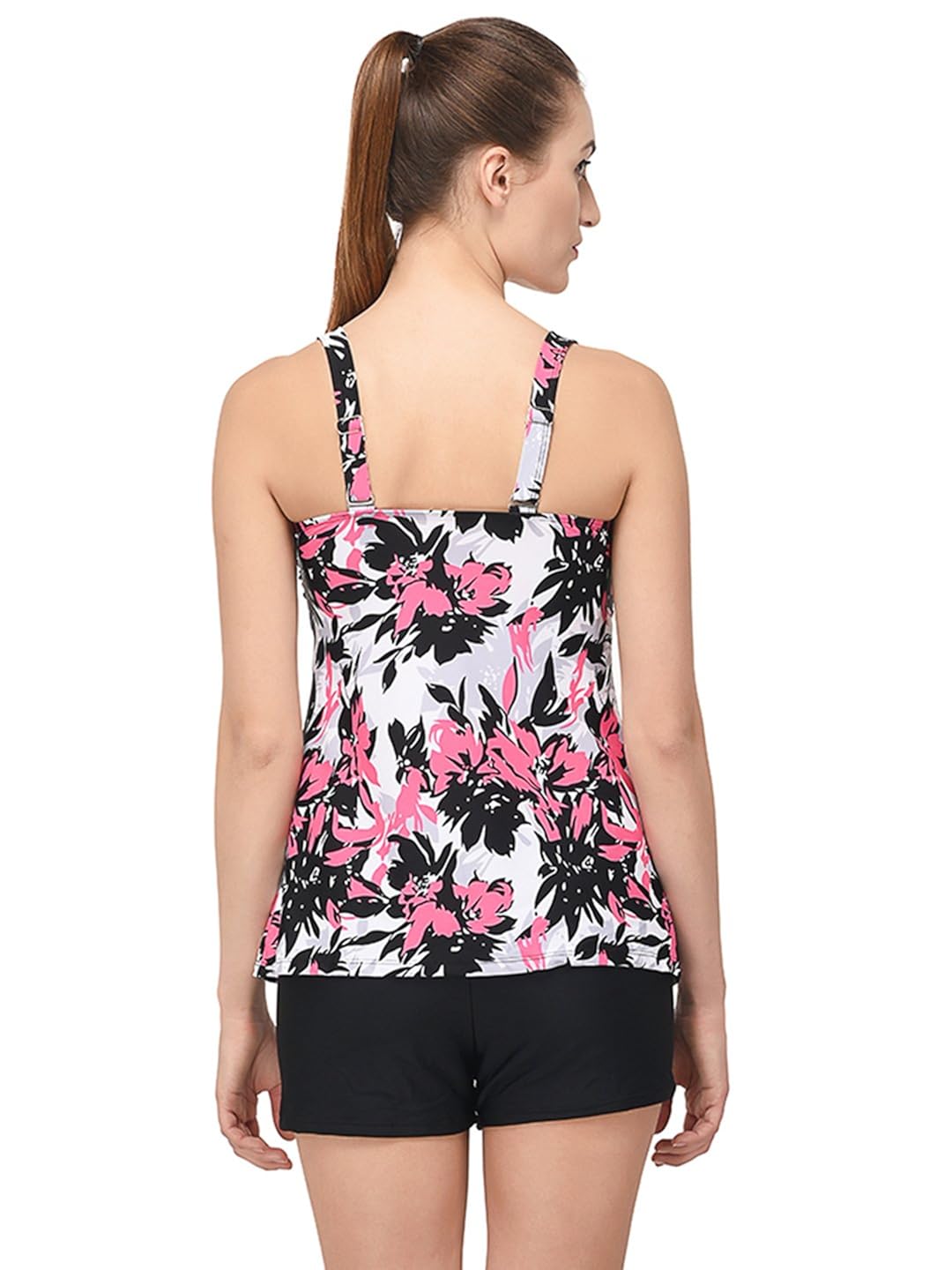 voxati women's rose red floral print tankini withshorts