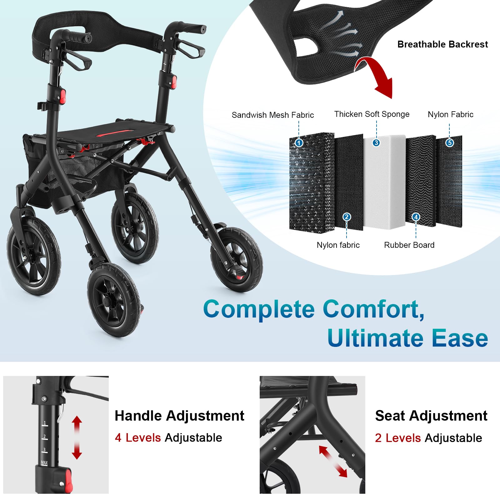 Rollator Walker with Seat, Tall Walkers for Seniors, 12