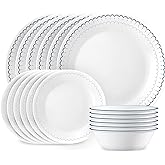 Corelle 18-Piece Dinnerware Set Service for 6, Lightweight Round Plates and Bowls Set, Vitrelle Triple Layer Glass, Chip Resi