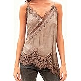 SUEER Womens Lace Trim Satin Long Camisole Y2k V Neck Sleeveless Spaghetti Strap Going Out Tank Top
