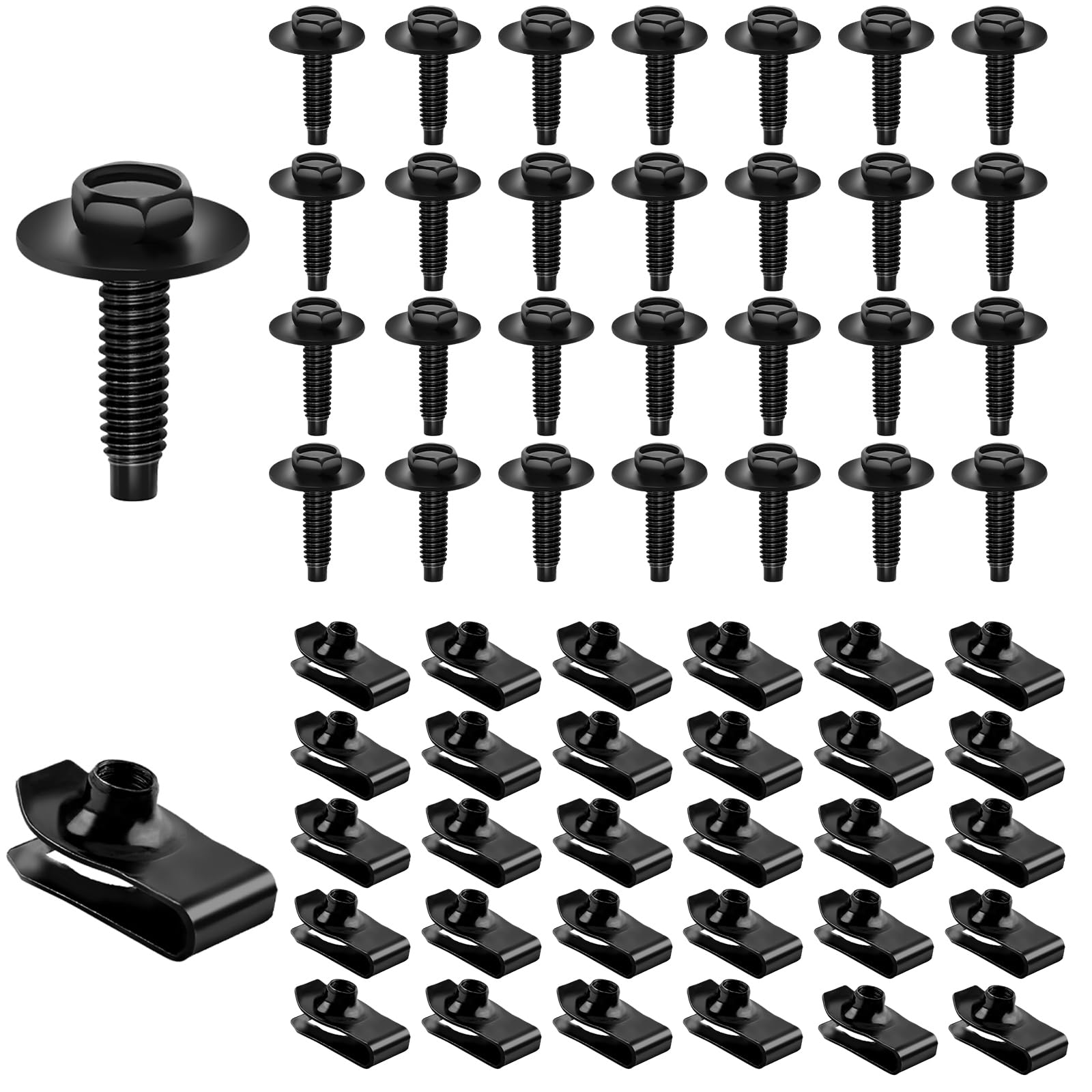 View 1 of ?Upgraded? 60PCS M6-1.0×25mm Extruded U Nuts and Hex Head SEMS Bolts Kits– Automotive Body Screws Clips(30 Sets) – Fender Liner Screw with U Clips, Black M6x1.0 Body Bolts for Bumpers,Fenders