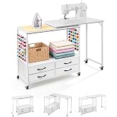 Sewing Table with Storage, 46.5'' Folding Sewing Table -70 Pegs, 4 Drawers | Sewing Desk Multipurpose Craft Station with Lockable Wheels, Shelves