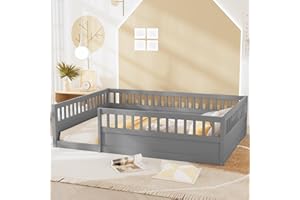 ROCKINGRUN Montessori Floor Bed with Heightened Safety Guardrails, Full Size Solid Pine Wood Floor Bed Frame with Rails for Girls, Boys, Teens, Child Bedroom, Kids Playroom, No Slats Included (Grey)