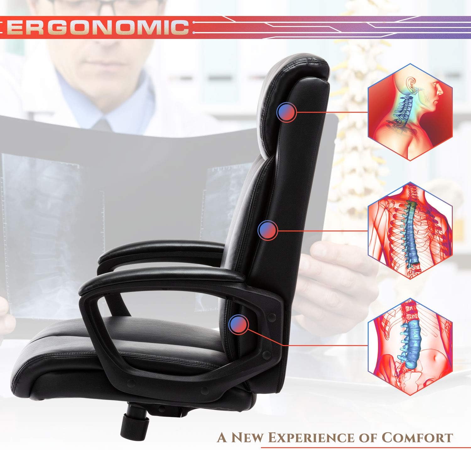 High Back Office Chair - Executive Bonded Leather Computer Desk Swivel Task Chair W/Rocking Function, Black: Kitchen & Dining
