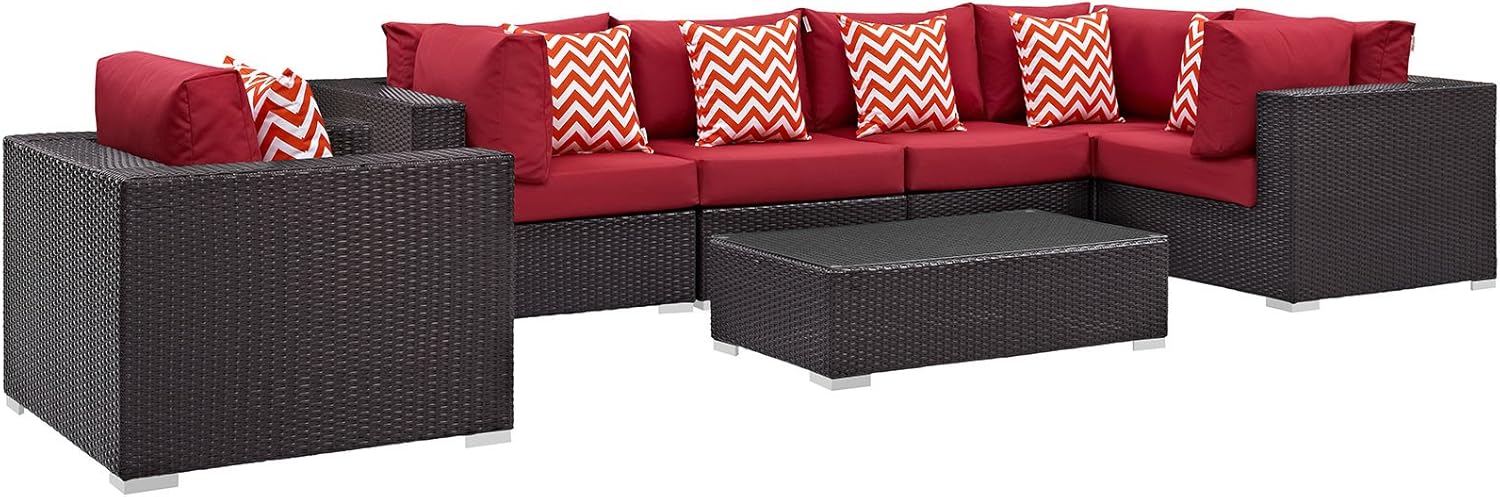 Modway Convene Wicker Rattan 7-Piece Outdoor Patio Sectional Sofa Furniture Set in Espresso Red