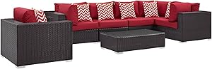 Modway Convene Wicker Rattan 7-Piece Outdoor Patio Sectional Sofa Furniture Set in Espresso Red