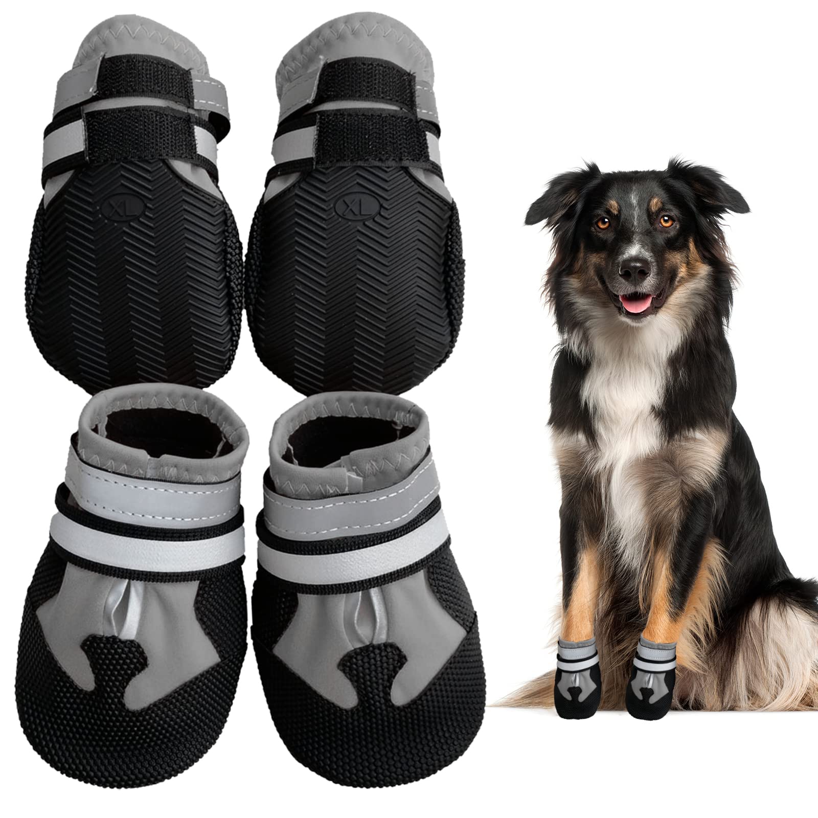 NeuWook Dog Shoes, Waterproof Dog Boots for Injured Paws, Set of 4 Non-Slip Dog Protective Boots Wear-Resistant Dog Shoes with Reflective Straps for Small Medium Large Dogs Outdoor (M, Grey)
