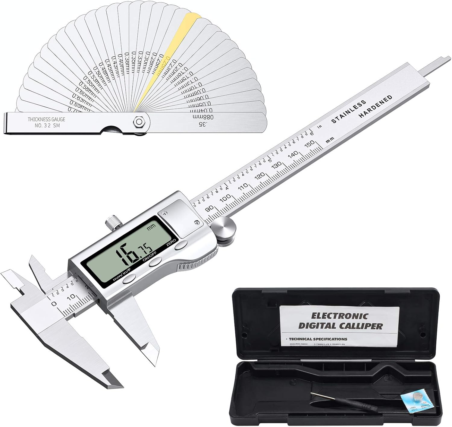 Proster Digital Vernier Caliper 6inch/150mm + 32 Feeler Gauges Dial Calipers Electronic Caliper Fractions/Inch/Metric Calipers Measuring Tool for Length Width Depth Inner/Outer Diameter