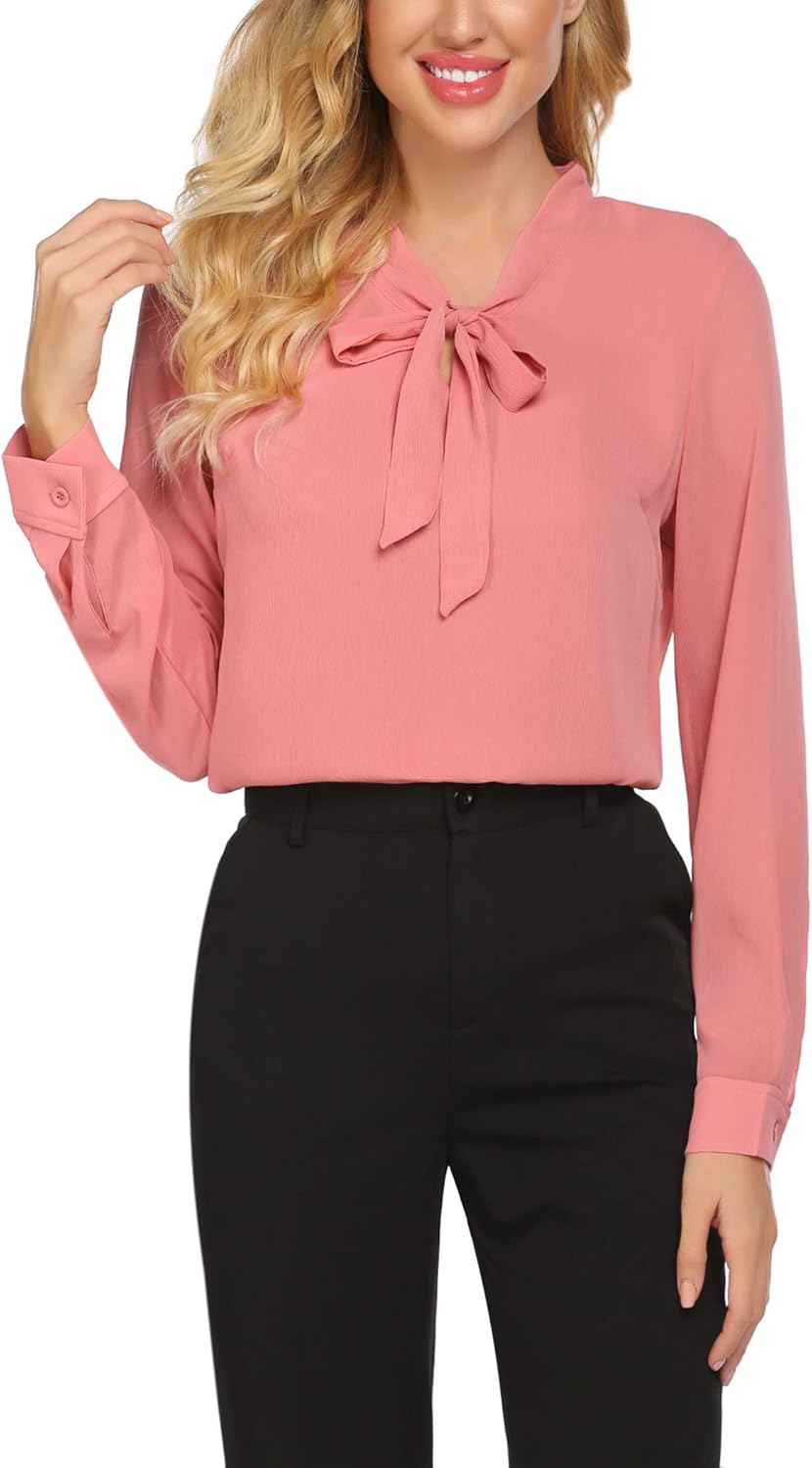 Chigant Women Bow Tie Neck Chiffon Blouses Sheer Long Sleeve Shirts Work Office Blouse Top: Clothing