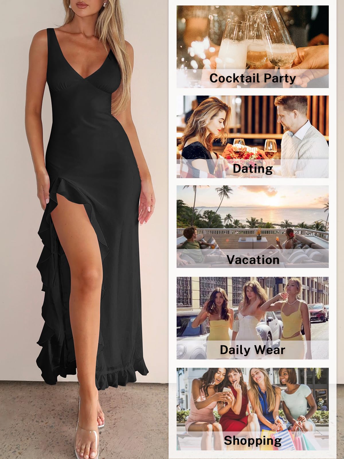 MIYIEONZ Women Sexy V Neck Sleeveless Mesh Ruffle Hem Bodycon Maxi Casual Backless High Slit Cocktail Party Dress