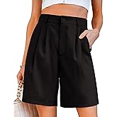 luvamia Bermuda Shorts for Women Dressy Casual High Waisted Summer Work Elastic Waist Pleated Dress Shorts with Pockets