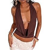 SweatyRocks Women's Y2k Sexy Halter Tops Deep V Neck Backless Low Cut Top Going Out