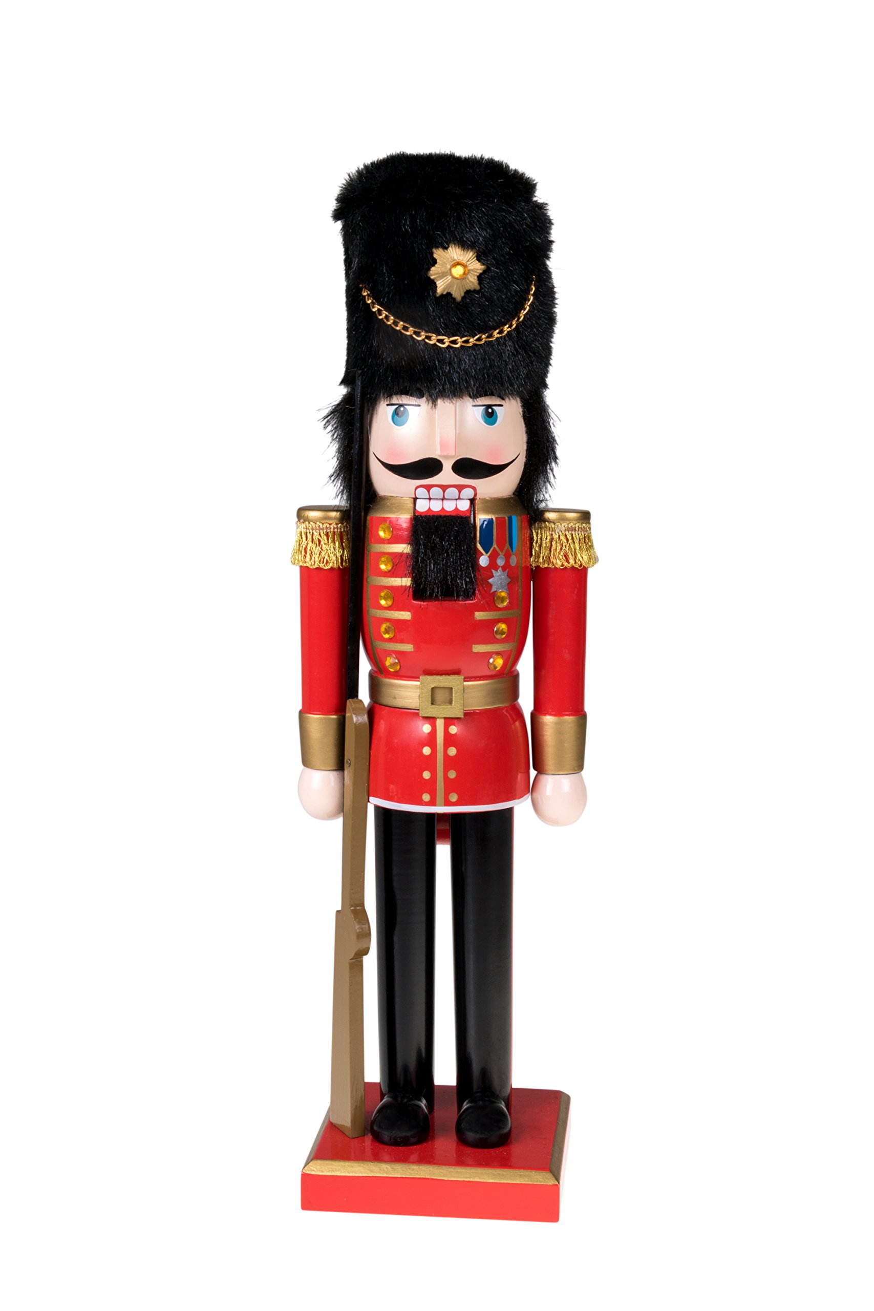 Red Soldier Wooden Nutcracker by Clever Creations | Wearing Red, Gold, and Black Uniform | Holding Rifle | Festive Decor | Perfect for Shelves and Tables | 100% Wood | 14" Tall