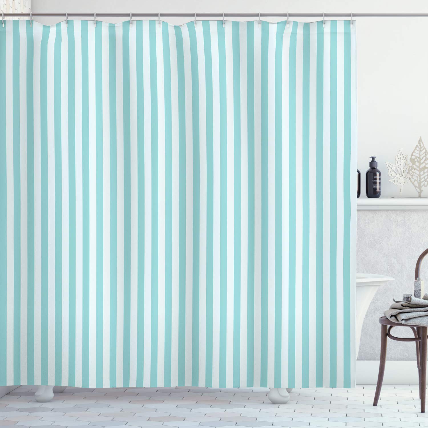 ABAKUHAUS Stripes Shower Curtain, Vertical Line Pattern in Pastel Colors Abstract Geometric Composition, Cloth Fabric Bathroom Decor Set with Hooks, 70 Inches, Pale Blue Pale Sea Green — image 1