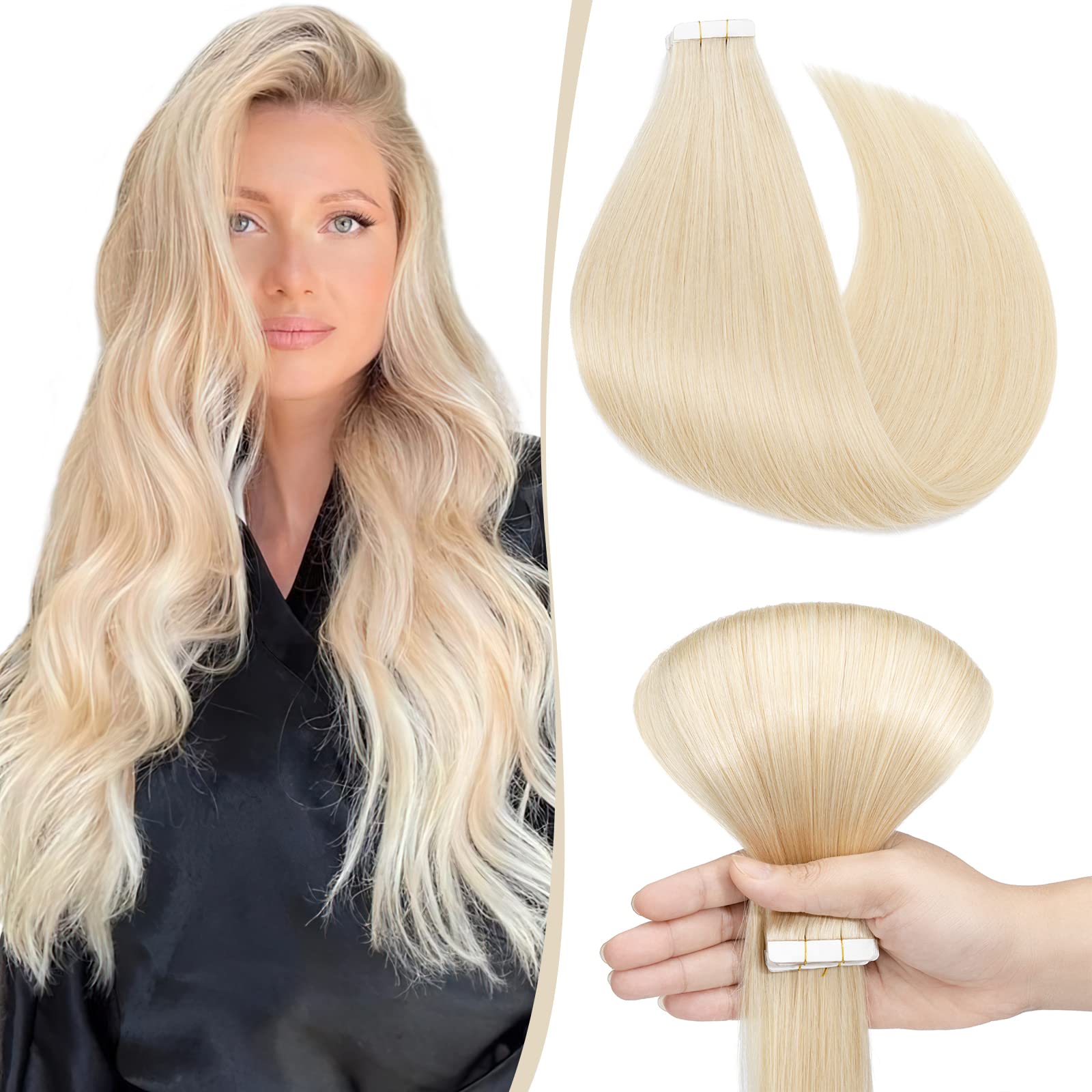 20 inch SEGO Tape in Hair Extensions Real Human Hair [10PCS*2.5g] #60 Platinum Blonde Remy Straight Hairpieces Invisible Skin Weft Seamless (25g)