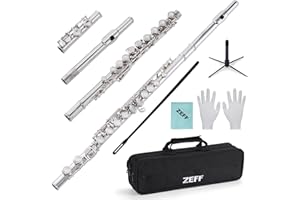 ZEFF Closed Hole C Flute, 16 Keys Instrument for Beginners, Kids, Student, Silver-plated Flute with Case,Stand, Cleaning Kit, Gloves and Tuning Rod