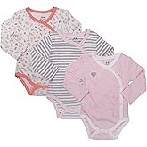 Asher and Olivia Baby Girl's 3-Pack Long-Sleeve Kimono Bodysuit Set -Side Snap Infant Bundle Light Pink, Stripes, Flower 0-3 Months