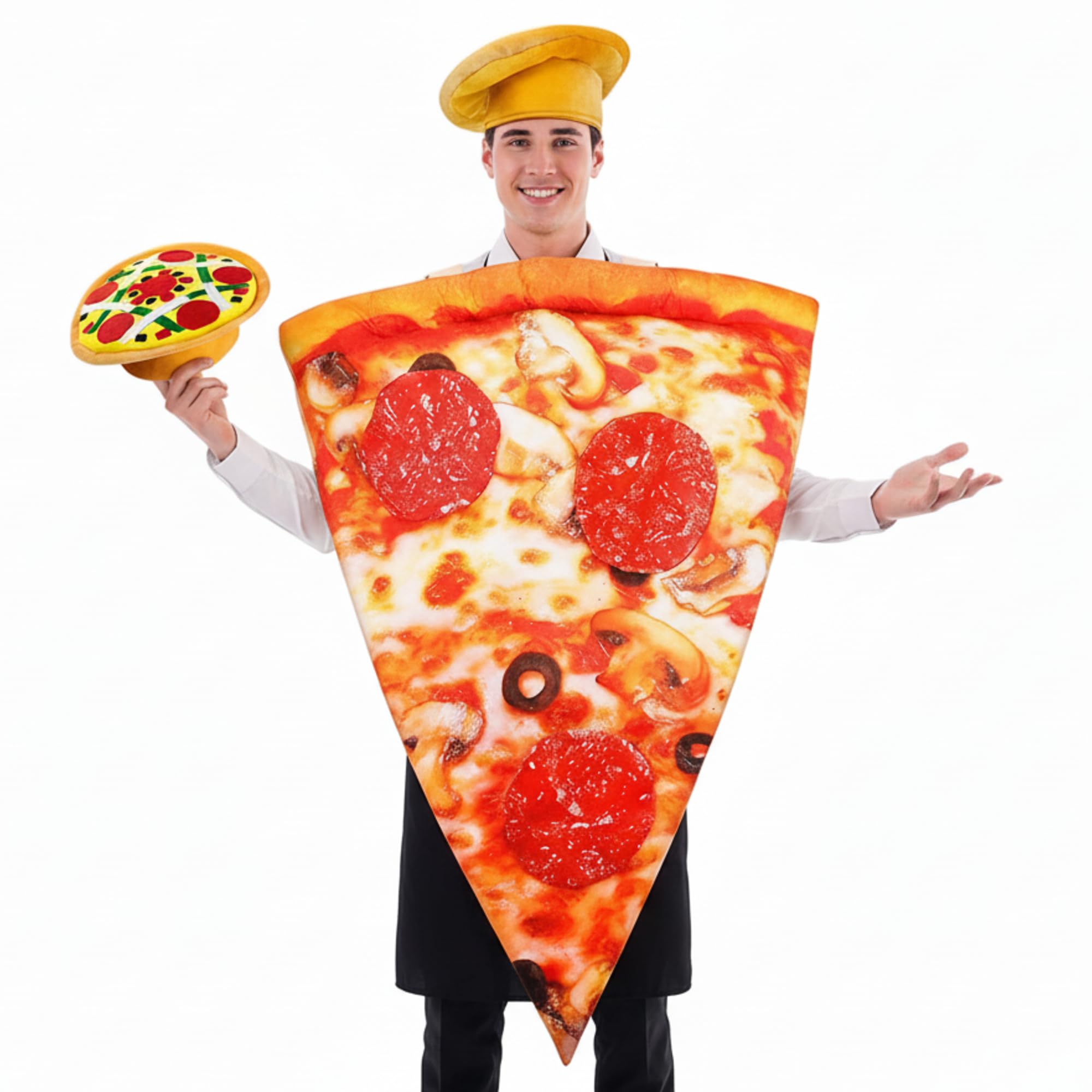 Photo 1 of 2 Pcs Pizza Costume with Hat Realistic Pepperoni Pizza Adult Funny Halloween Costume Set Funny Mens Food Couple Match Women Halloween Outfit Unisex Cosplay Party Trick or Treating