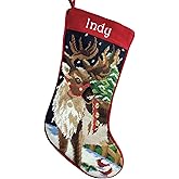 Reindeer Needlepoint Christmas Stocking - Personalized Name Embroidery Family Holiday Keepsake Décor