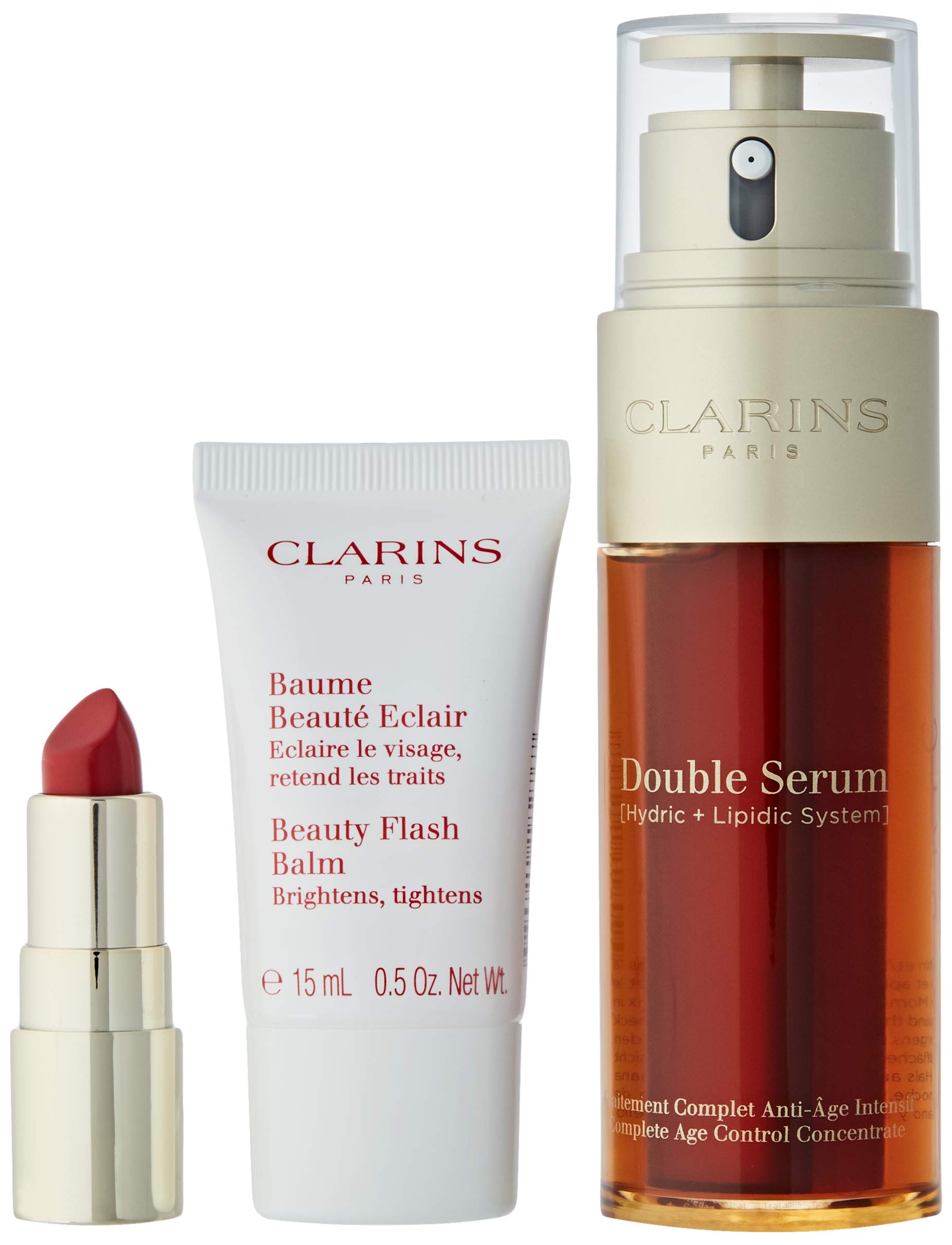 Clarins Pack Double SERUM 50ML + Flash Balm 15ML + Mini BARRA DE LABIOS 742 Lip BAR, black, Standard