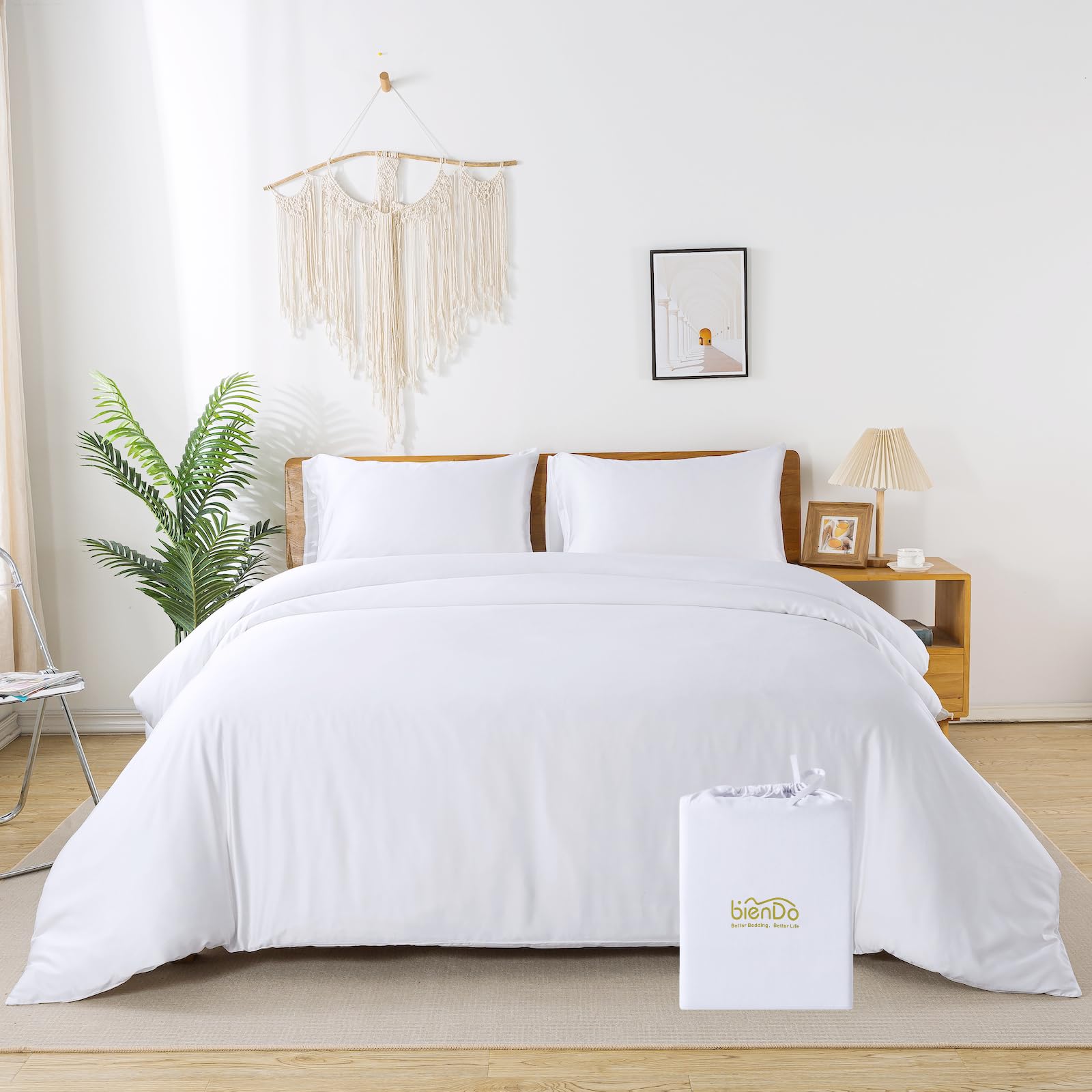 bienDo Super King Duvet Cover Set, White, Bamboo Viscose - Vegan Silk, Cooling, Silky Soft, Anti Allergy, Luxury Bedding & Linen, Include 1 Quilt Cover + 2 Pillowcases