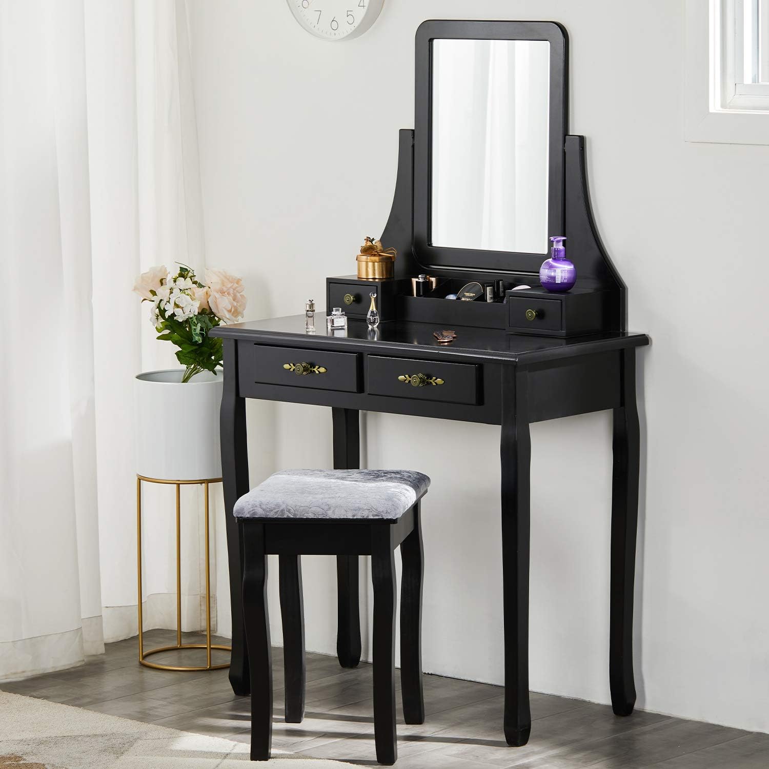 Tiptiper Makeup Vanity Table with Removable Storage Box, Vanity Set with Mirror, Dressing Table with Cushioned Bench, Black