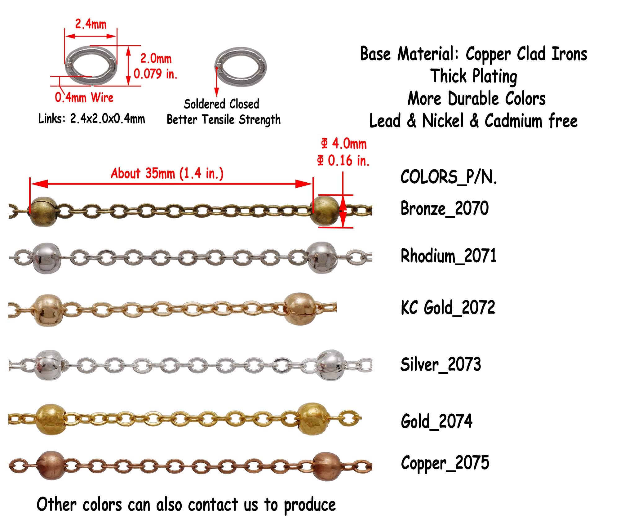 THREENEST 32-Feet Copper Satellite Chains with Beads for Jewelry Making Set, with 20 Lobster Clasps+50 Jump Rings, Cable Link Craft Chain Findings for Necklace Bracelet DIY (Copper_2075-B)
