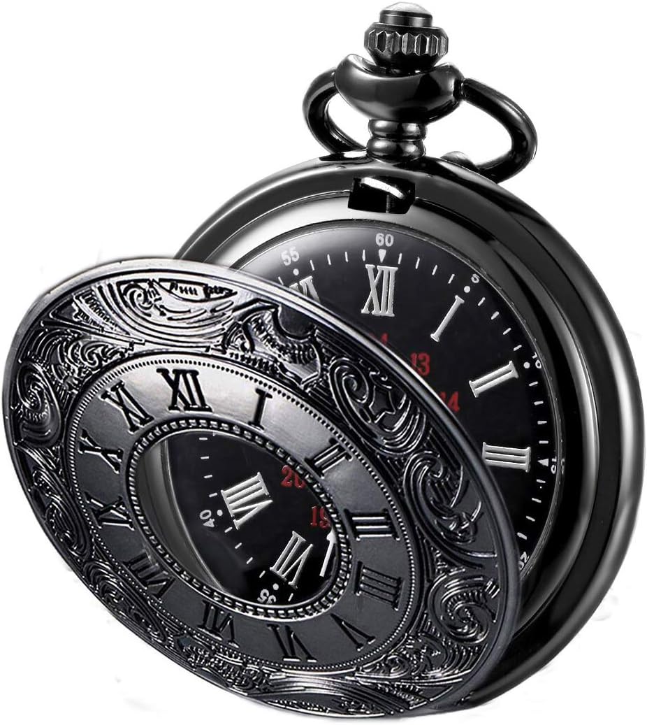 MJSCPHBJK Black Pocket Watch Roman Pattern Steampunk Retro Vintage Quartz Roman Numerals Pocket Watch for Xmas Fathers Day Gift