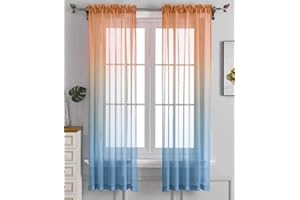 WPM WORLD PRODUCTS MART WPM Orange Teal Ombre Sheer curtains for Kids playroom 2 Panels Rod Pocket Bedroom Window Semi Voile Drapes Faux Linen Décor Girls Bedroom, Living Room Decoration Party (Orange and Teal, 54 x 84 Inch)