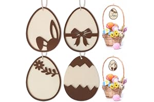 SEALMIC 4 Pieces Easter Basket Tags, 3 D Egg Design Wooden Easter Basket Name Tags, Personalized Easter Tags with String, Easter Gift Tags for Home Room Decoration Hanging Ornaments (Egg Shape)