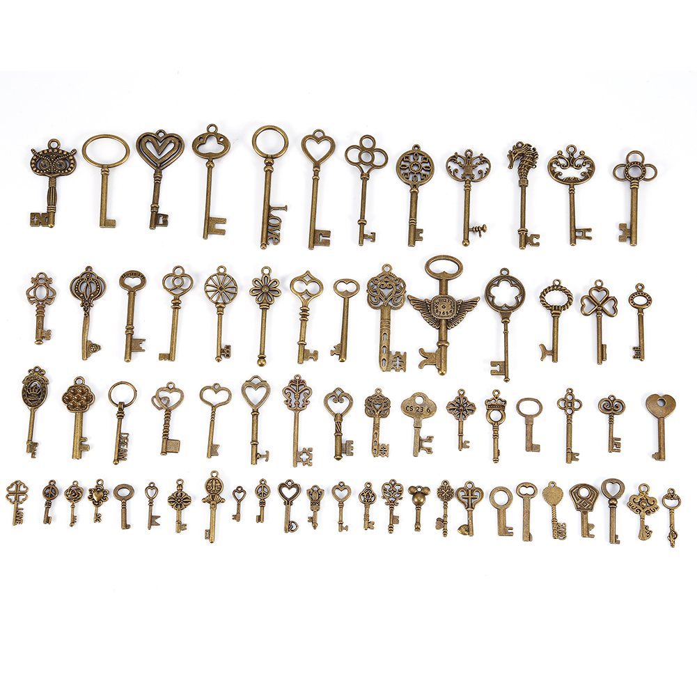Yosoo 69pcs Assorted Bronze Charms, Vintage Keys for Crafts, Jewelry Making, Decorative Zippers, DIY Accessories, Inscribed with Text and Numbers, Copper