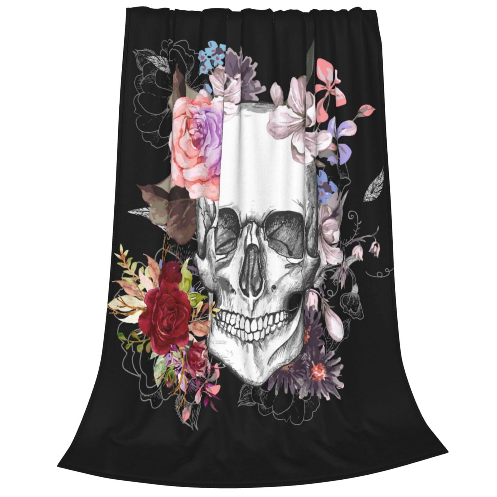 Halloween Skull Flannel Blanket for Women, Gothic Rose Skull Theme Anti-pilling Blankets, Lightweight Warm Queen Size Fleece Blanket, Cozy All Seasons Aldult Throw Blanket for Bed Couch 150X200 cm