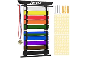JUXYES Wall Hanging Martial Arts Belts Organizer for 10 Belts with Medal Hanger and Stickers, Bamboo Karate Belt Display Holder Rack, Taekwondo Belt Display Holder for Martial Arts Learners