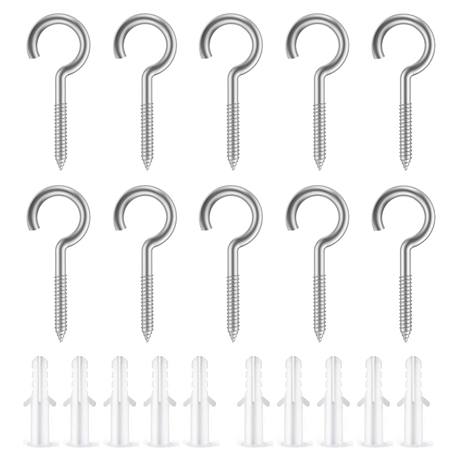 GOTRUST 10PCS Stainless Steel Cup Hooks Screws Cup Hooks Self-Tapping Hooks Screw-in Eye Ceiling Hook Holder with 10PCS Expansion Tubes for Wood Wall Garden Chandeliers DIY Handicrafts