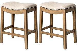 Maven Lane Adrien Backless Counter Stool – Set of 2 – 26 Inches – Saddle Stool with Footrest – Natural Solid Wood Frame & Natural Fabric Upholstery – Perfect for Kitchen Islands & Counters