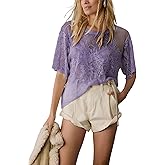 Aimiray Women's Sexy Lace Tops Short Sleeve Round Neck Mesh 3D Printed Floral Sheer Blouse See Through Layering Shirt Tops
