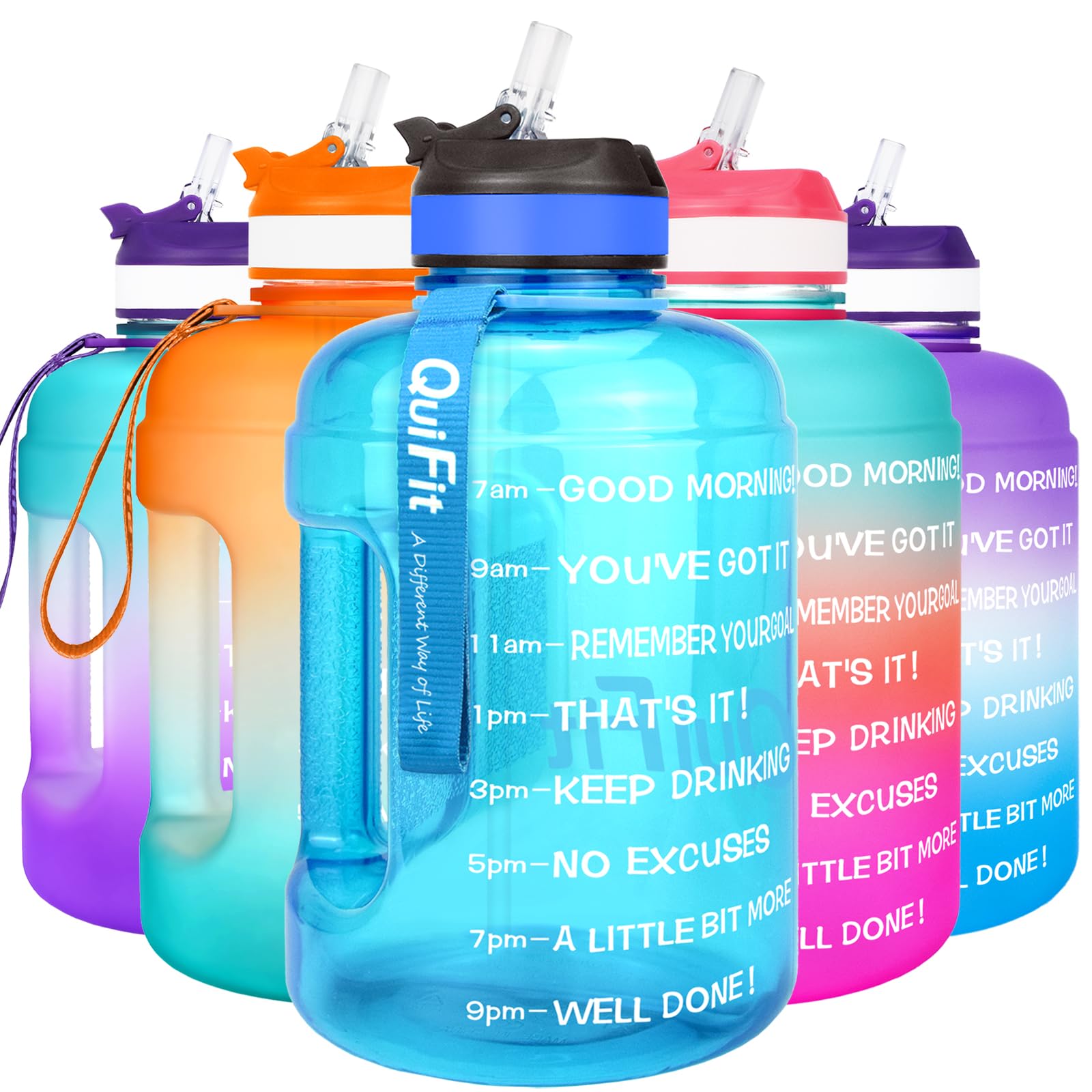 QuiFit 2.2 Litre Motivational Water Bottle - with Straw & Time Marker,Wide Mouth,BPA Free,Reusable,Ideal for Gym,Outdoor Sport,Home & Office(Sky blue)