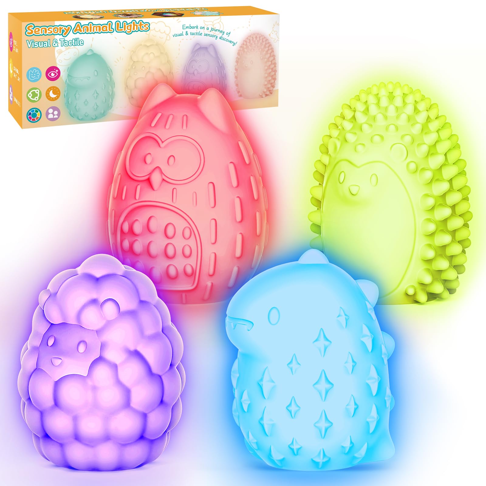 NYOBABE Sensory Toys for Autism,4 Textures 7 Colors Animal Sensory Lights,Sensory Toys for Toddlers,Night Light for Kids,Light Up Autism Toys,Xmas Birthday Easter Gifts for Boys and Girls Ages 3+